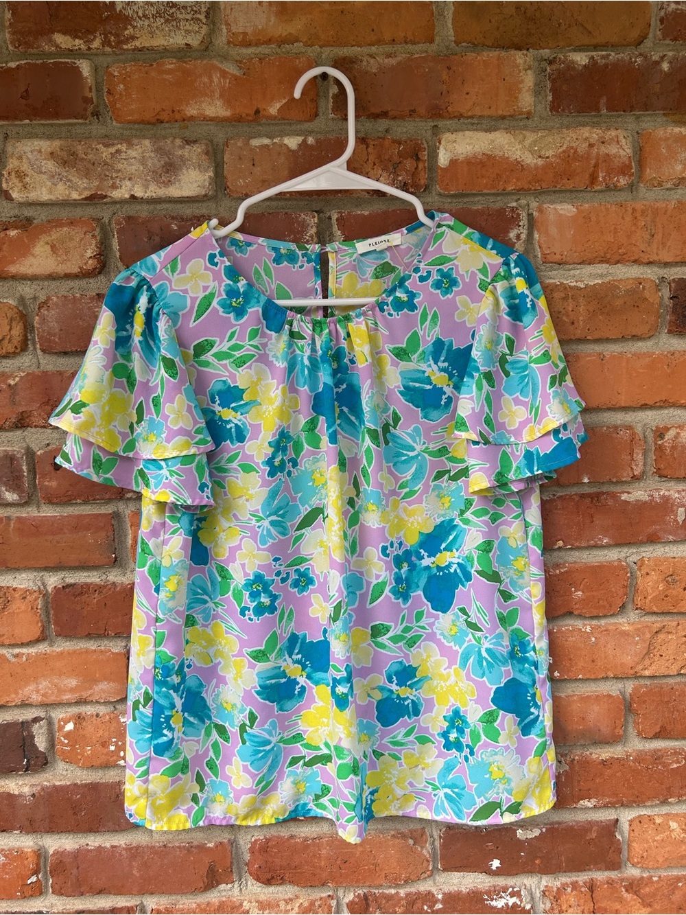 Pleione Ruffle Sleeve Women's Blouse Colorful Floral Large